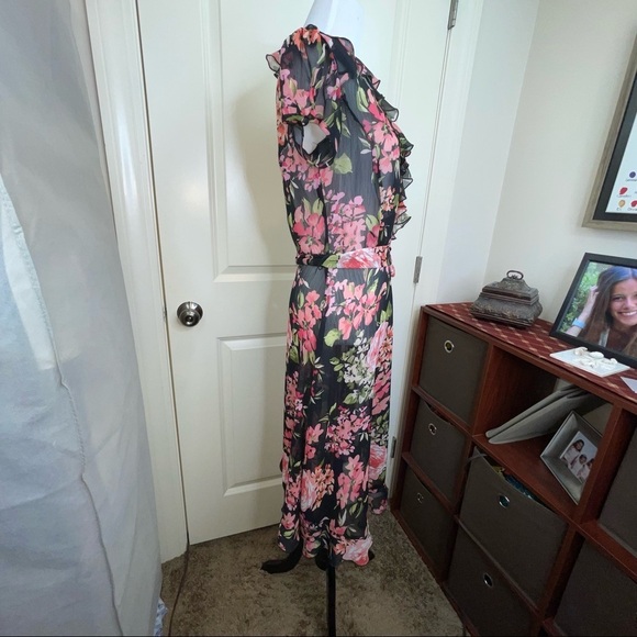 MSK Sheer Floral Faux Wrap Midi Dress Ruffle Neck 6 - Picture 5 of 17